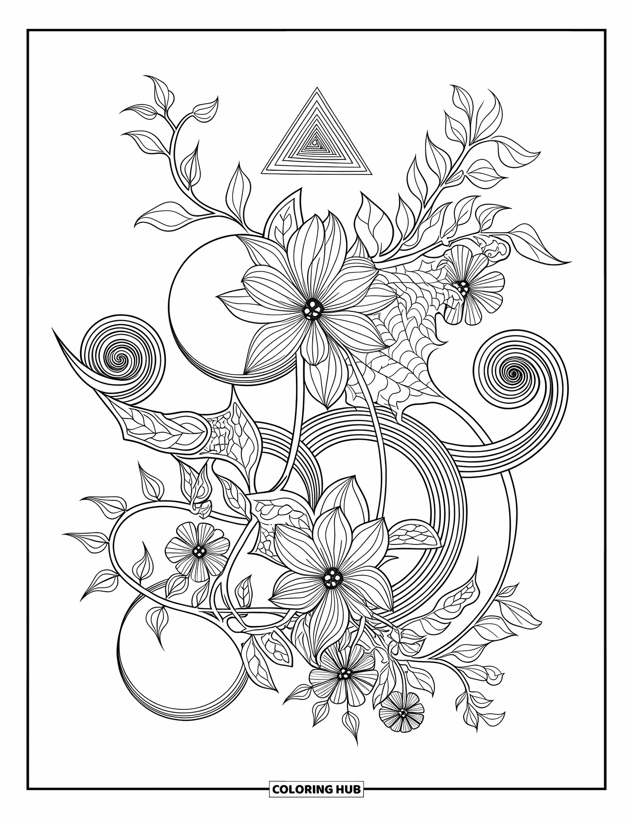 Blumen Ausmalbild für Erwachsene: Ein kompliziertes Design, das florale Muster mit geometrischen Formen verbindet und Spiralen und ineinander verschlungene Ranken aufweist