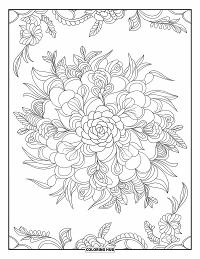 Desenho de flores para colorir para adultos: Um mandala floral detalhado com rosas, lírios e trepadeiras em espiral formando um padrão simétrico