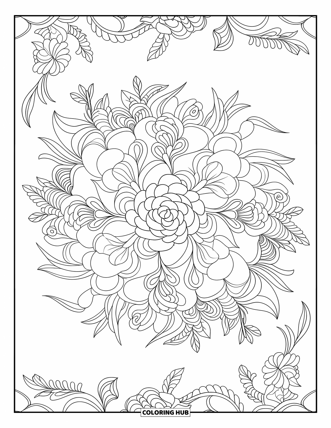 Blumen Ausmalbild für Erwachsene: Ein kompliziertes Blumenmandala mit Rosen, Lilien und wirbelnden Ranken, die ein detailliertes symmetrisches Muster bilden