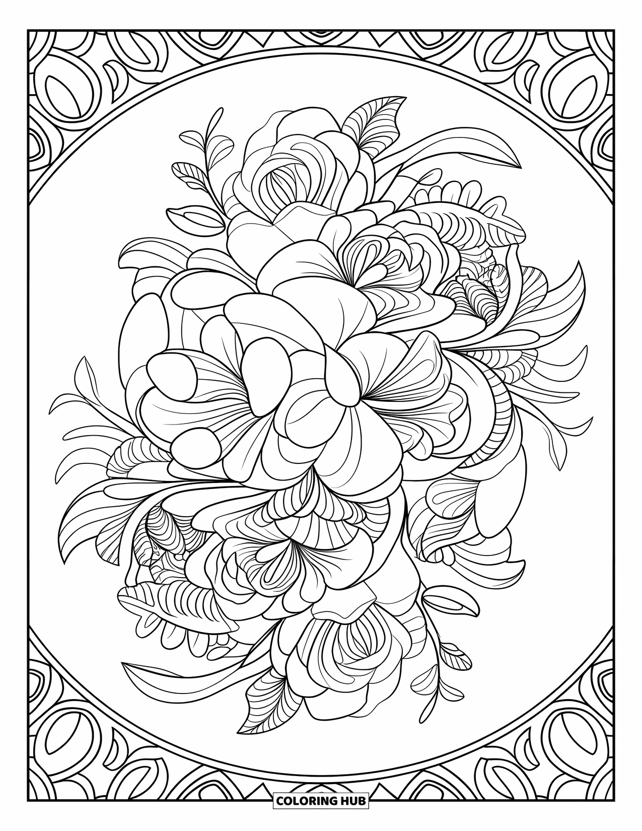 Blumen Ausmalbild für Erwachsene: Ein kompliziertes Blumenmandala mit Rosen, Lilien und wirbelnden Ranken vor einem gemusterten kreisförmigen Hintergrund