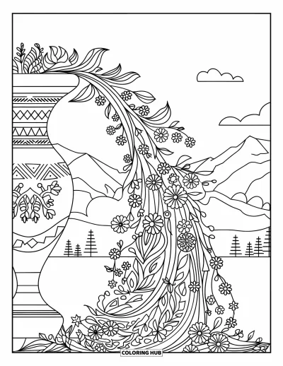 Desenho de flores para colorir para adultos: Um vaso ornamentado transborda flores e folhas em cascata, diante de uma paisagem tranquila