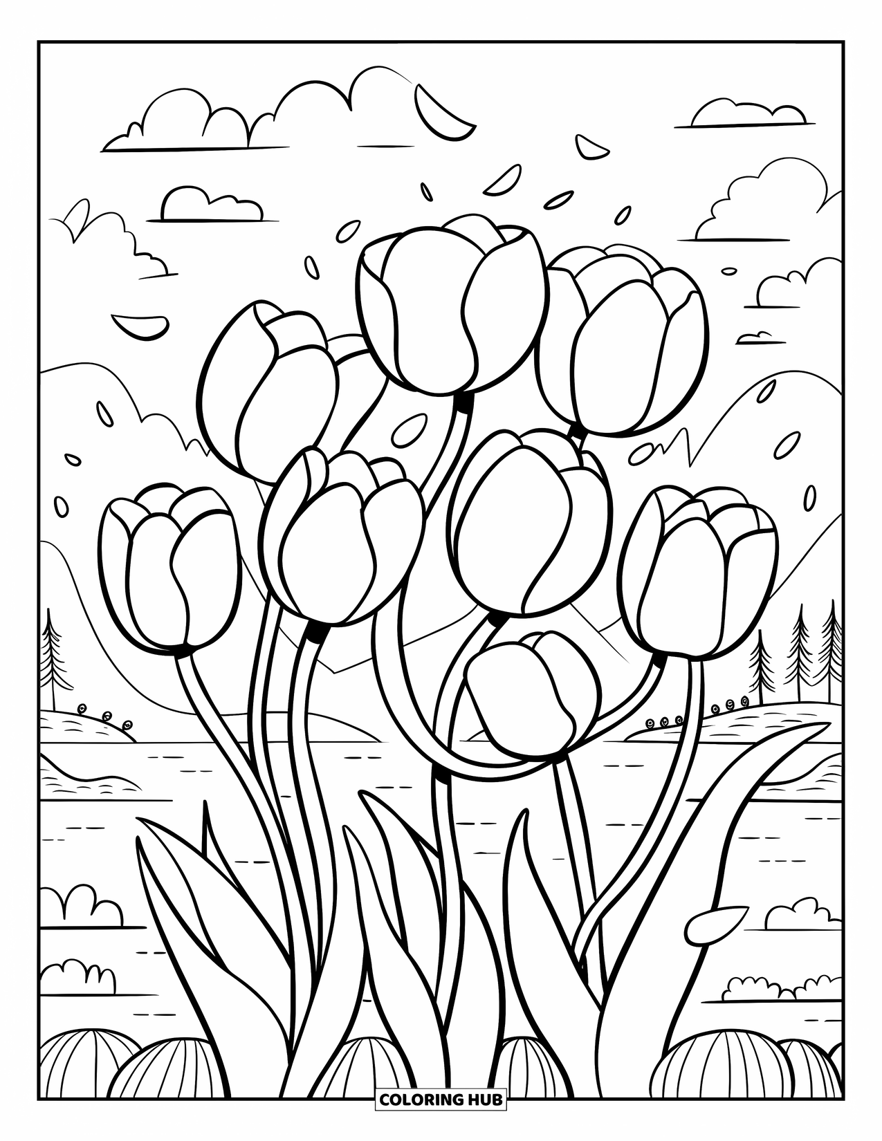 Blumen Ausmalbild für Erwachsene: Tanzende Tulpen wiegen sich zusammen im Wind, mit schwebenden Blütenblättern, die eine verträumte Note hinzufügen