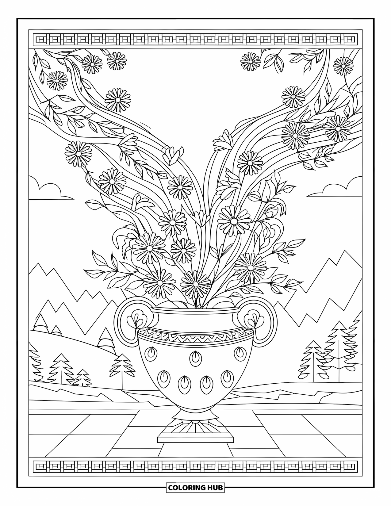 Blumen Ausmalbild für Erwachsene: Blumen und Blätter fallen aus einer kunstvoll gestalteten Vase vor einer ruhigen Berglandschaft