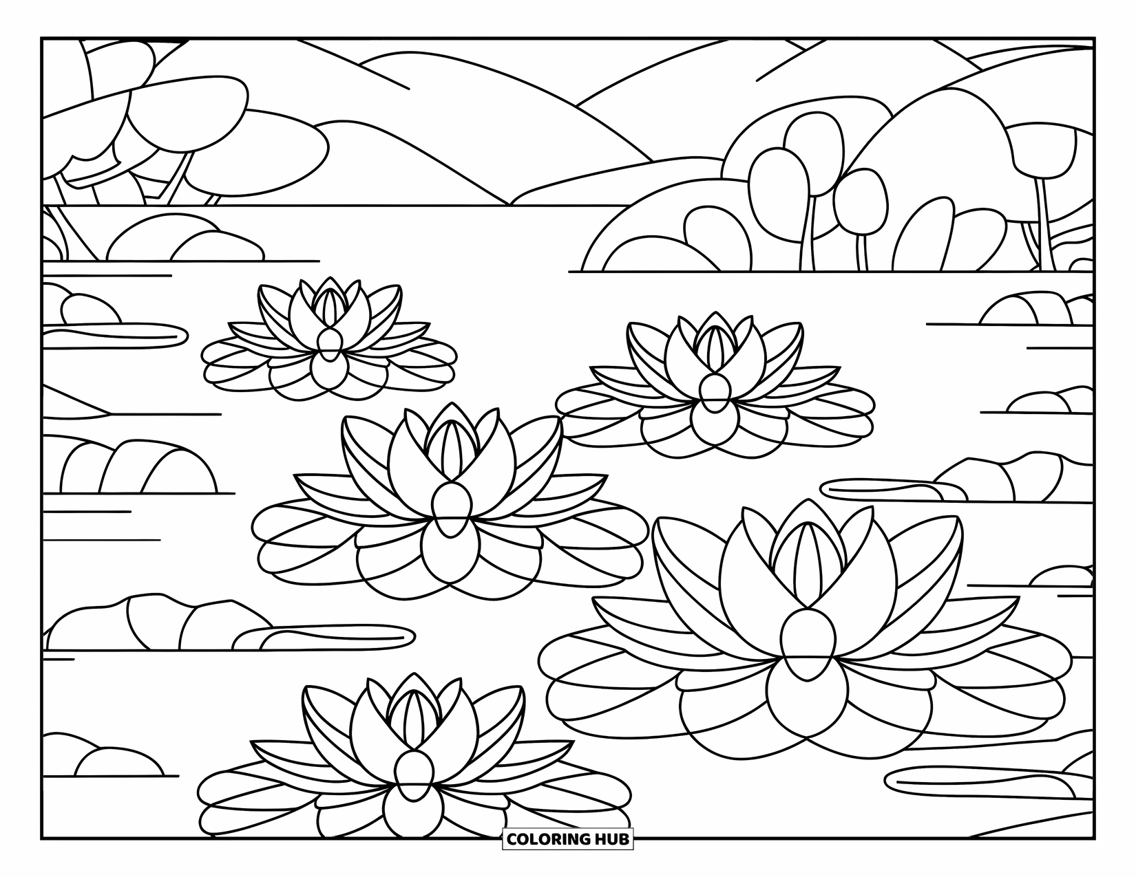 Blumen Ausmalbild für Erwachsene: Lotusblumen mit geschichteten Blütenblättern schwimmen sanft auf stillem Wasser vor einer friedlichen Berglandschaft