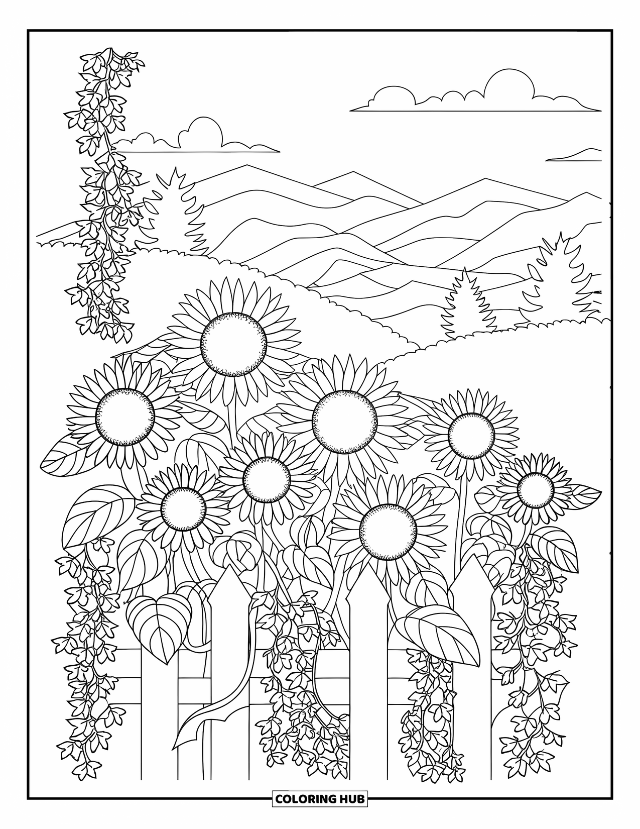 Blumen Ausmalbild für Erwachsene: Sonnenblumen und Efeu verflechten sich entlang eines Zauns mit einem fernen Bergblick und verstreuten Wolken