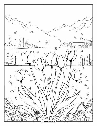 Desenho de flores para colorir para adultos: Tulipas balançando dançam ao vento, com pétalas leves flutuando e uma paisagem cênica ao fundo