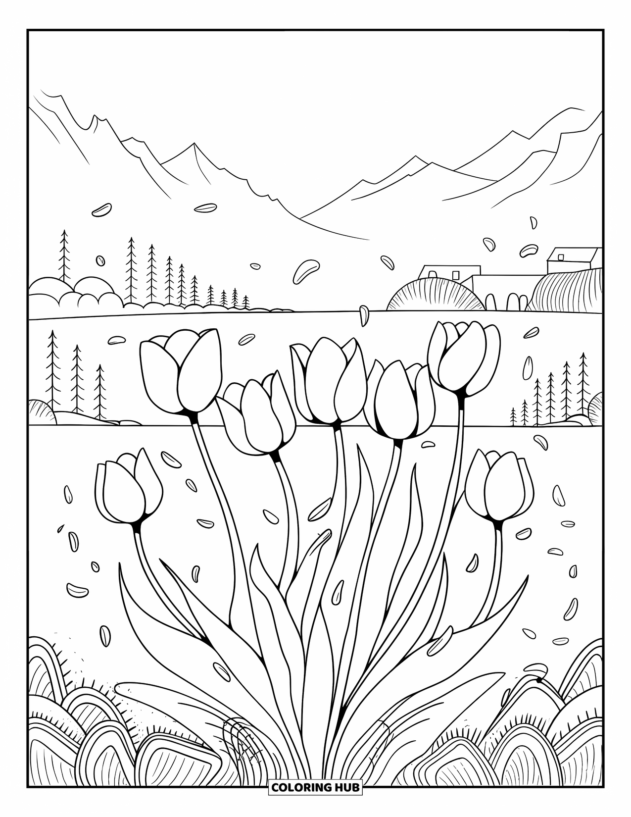 Blumen Ausmalbild für Erwachsene: Schwingende Tulpen tanzen im Wind, mit weichen Blütenblättern, die treiben, und einer malerischen Landschaft dahinter