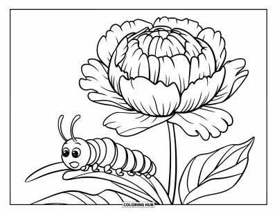 Desenho de flores para colorir para crianças: Uma peônia em flor com pétalas suaves em camadas e uma lagarta explorando uma folha próxima