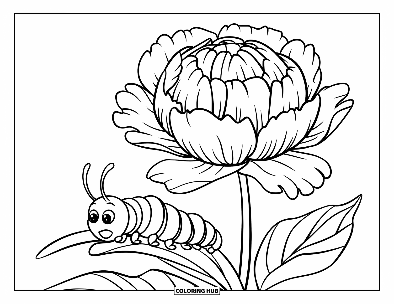 Blumen Ausmalbild für Kinder: Eine blühende Pfingstrose mit weichen, geschichteten Blütenblättern und einer Raupe, die ein nahegelegenes Blatt erkundet