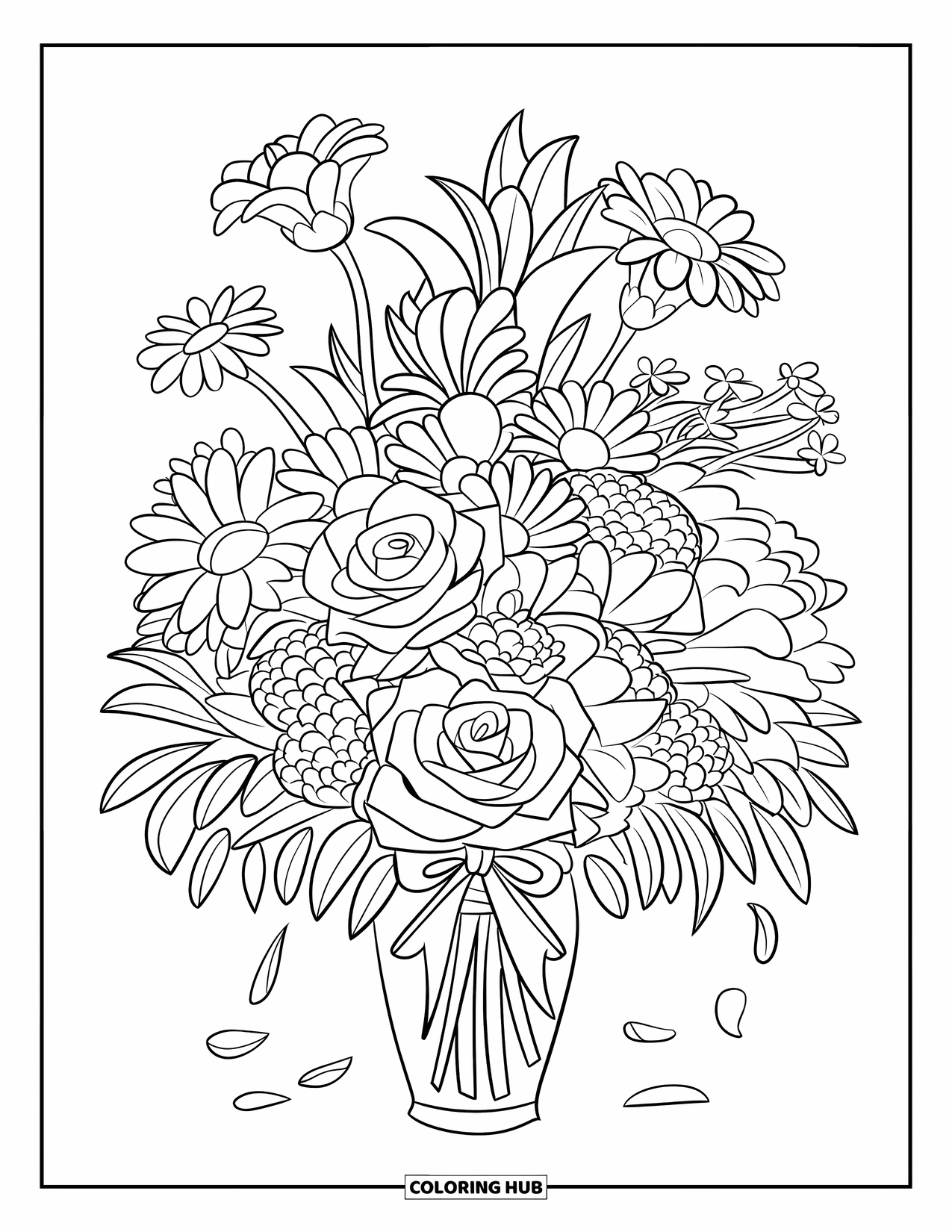 Blumen Ausmalbild für Kinder: Ein Strauß gemischter Blumen, der in einer Vase arrangiert ist, mit losen Blütenblättern, die auf dem Boden verstreut sind
