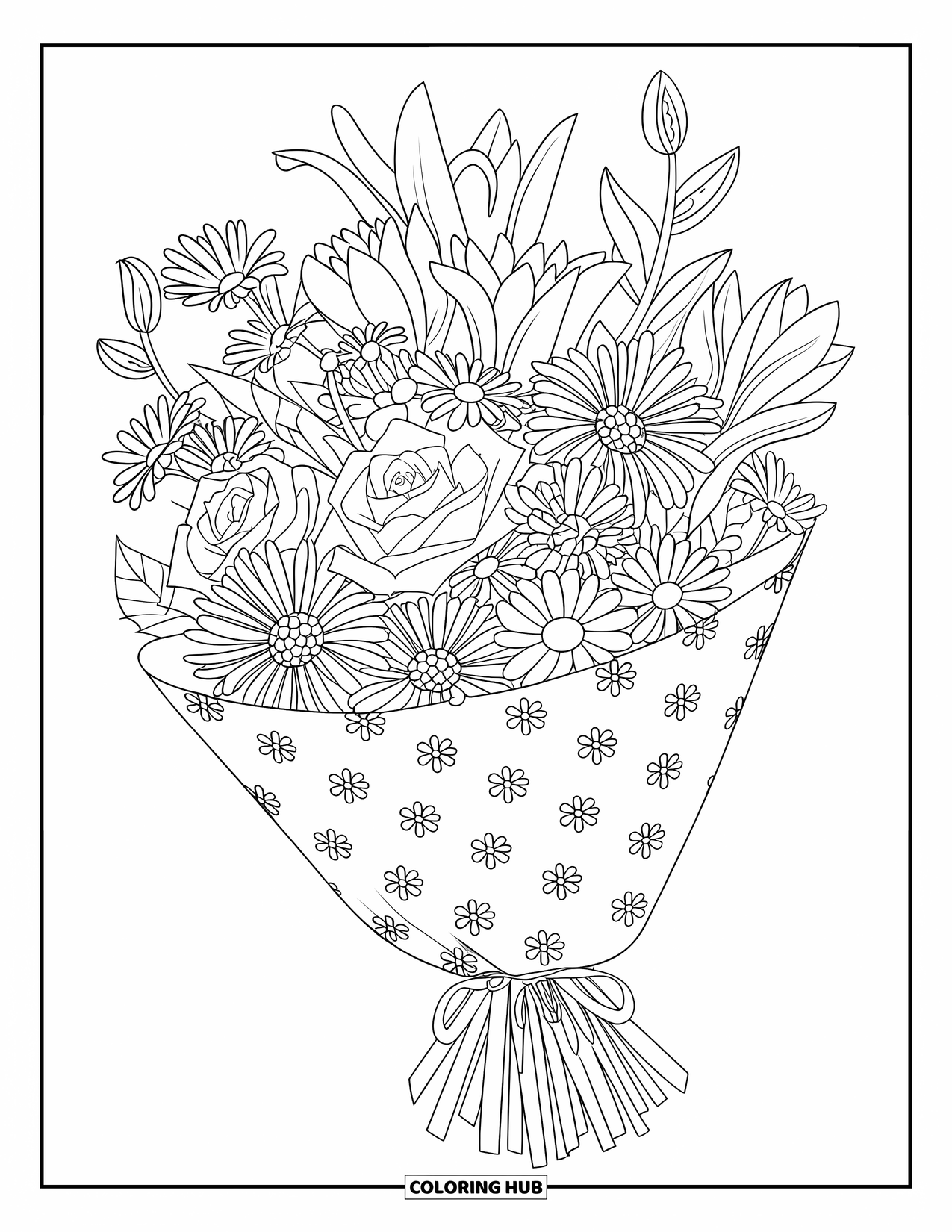 Blumen Ausmalbild für Kinder: Ein Strauß Rosen und Gänseblümchen, der in dekoratives Papier eingewickelt ist, mit sichtbaren Stielen und Blättern