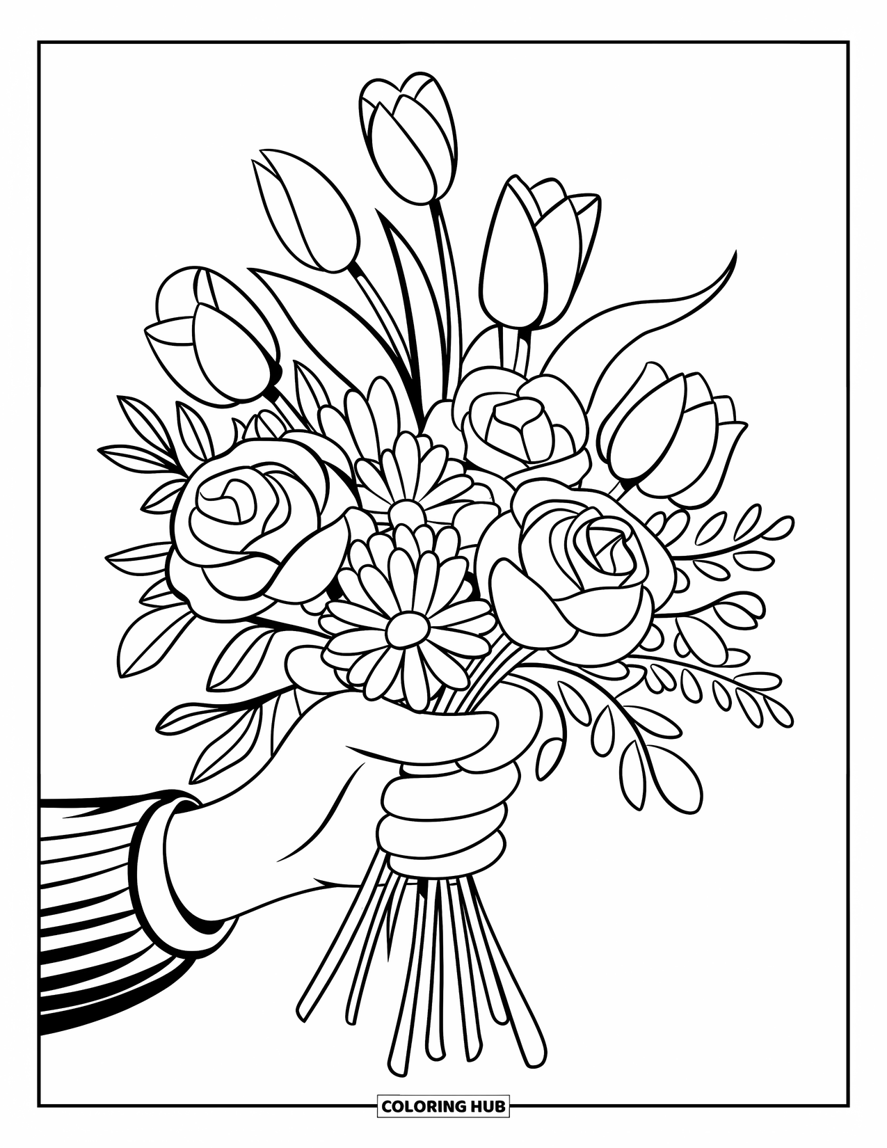 Blumen Ausmalbild für Kinder: Ein Rosenstrauß, Gänseblümchen und Tulpen wird sanft in einer behandschuhten Hand mit verschlungenen Blättern gehalten