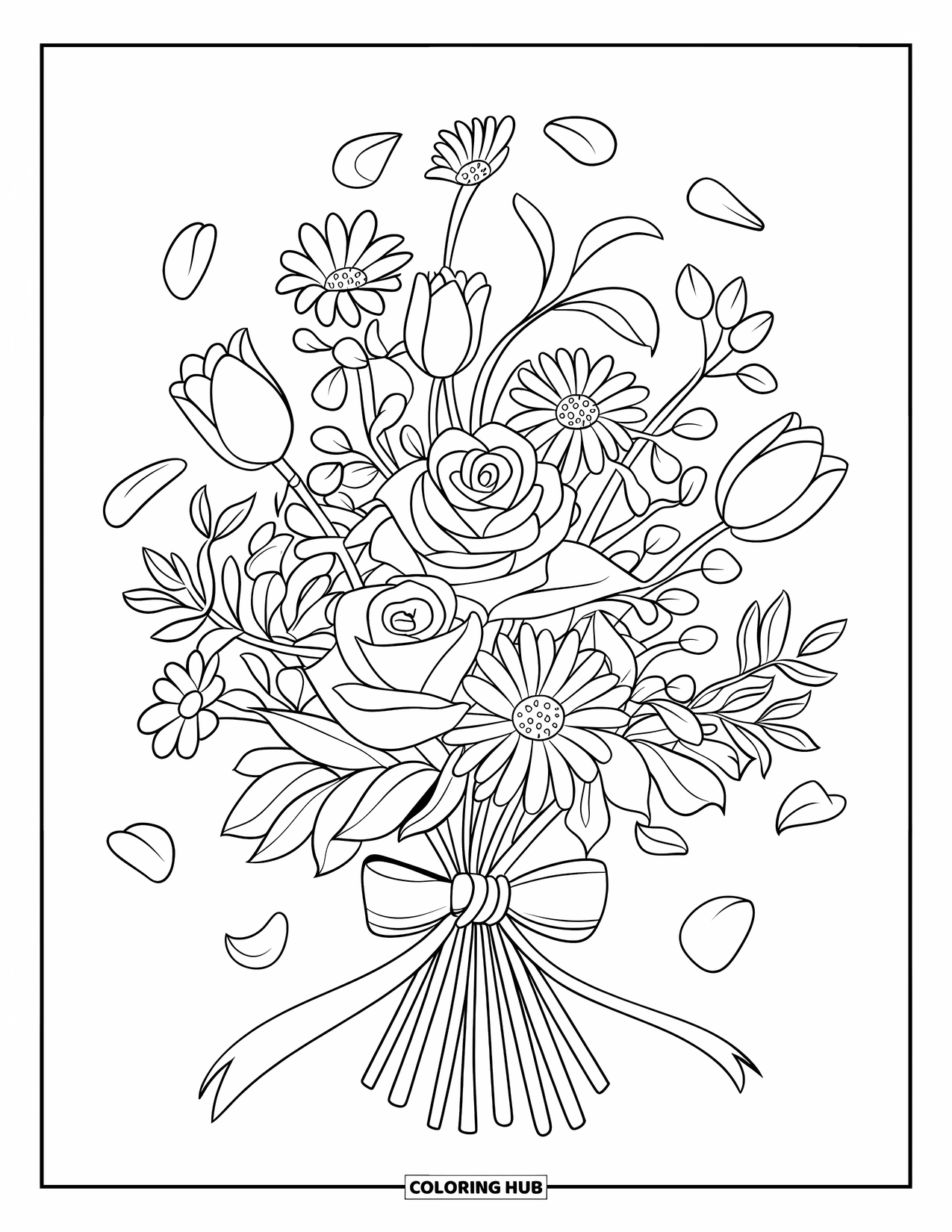 Blumen Ausmalbild für Kinder: Ein Strauß Rosen, Gänseblümchen und Tulpen, die mit einem Band zusammengebunden sind, wobei Blütenblätter sanft fallen