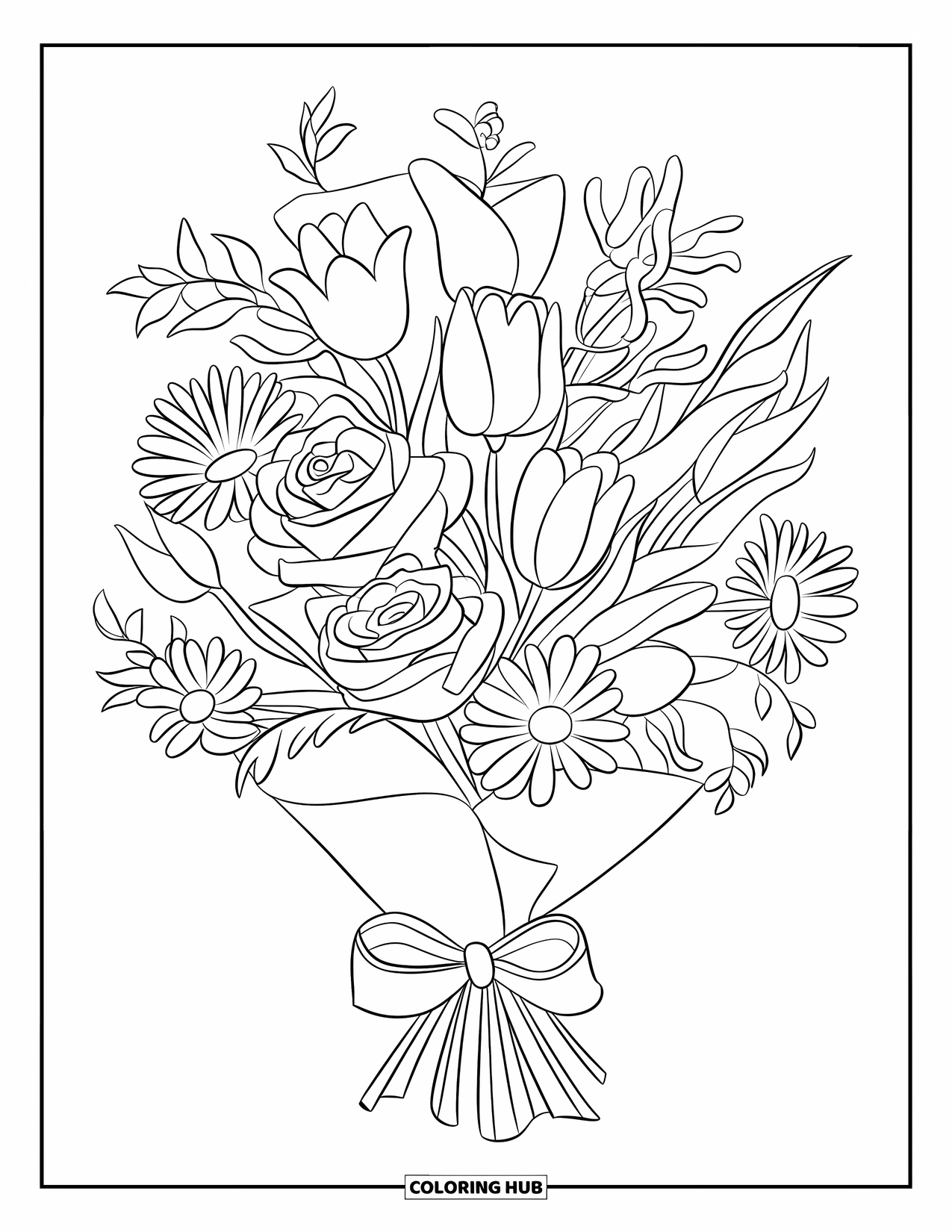 Blumen Ausmalbild für Kinder: Ein Strauß Tulpen, Gänseblümchen und Lilien, verpackt in Papier und mit einem Band zusammengebunden