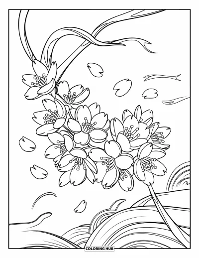 Desenho de flores para colorir para crianças: Um galho se curva sob o peso das flores de cerejeira em floração, com pétalas espalhadas abaixo
