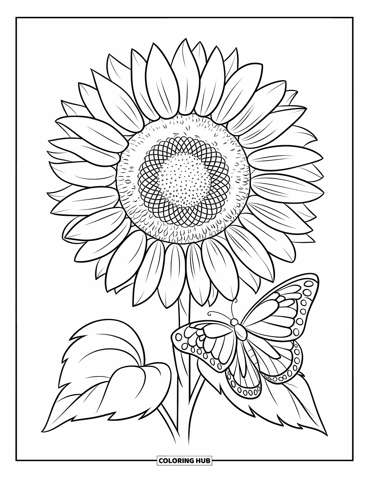 Blumen Ausmalbild für Kinder: Ein Schmetterling ruht auf dem Stiel einer Sonnenblume mit einem hellen, runden Zentrum