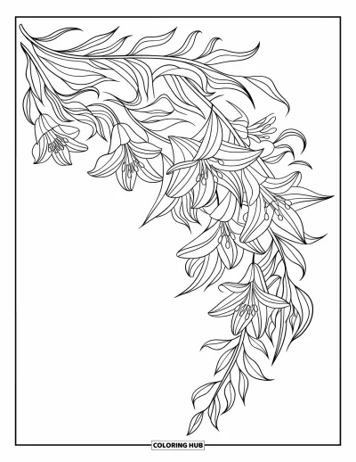 Desenho de flores para colorir para crianças: Uma cascata de lírios e folhas fluidas cria uma composição floral dinâmica e elegante