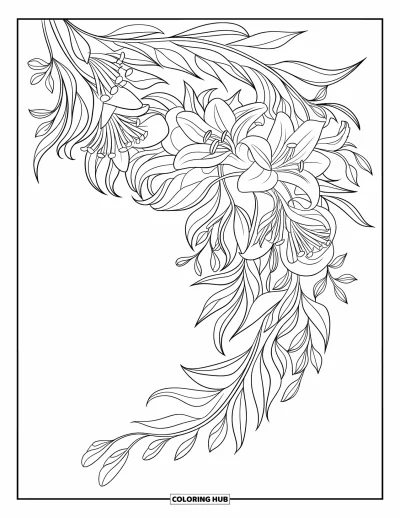 Desenho de flores para colorir para crianças: Um arranjo floral em cascata de lírios e folhas desce com elegância