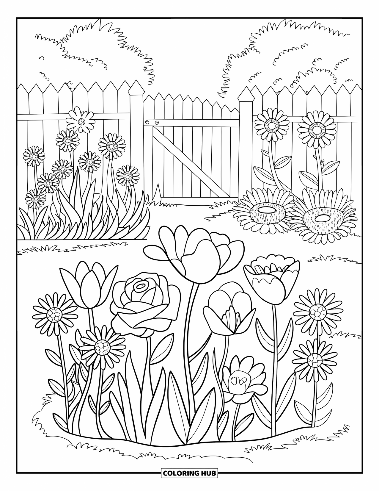 Blumen Ausmalbild für Kinder: Eine kreisförmige Gartenanordnung mit Rosen, Tulpen, Gänseblümchen und Sonnenblumen, umgeben von einem charmanten Zaun