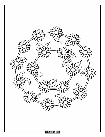Desenho de flores para colorir para crianças: Uma corrente de margaridas forma um círculo perfeito, com folhinhas aparecendo entre os espaços