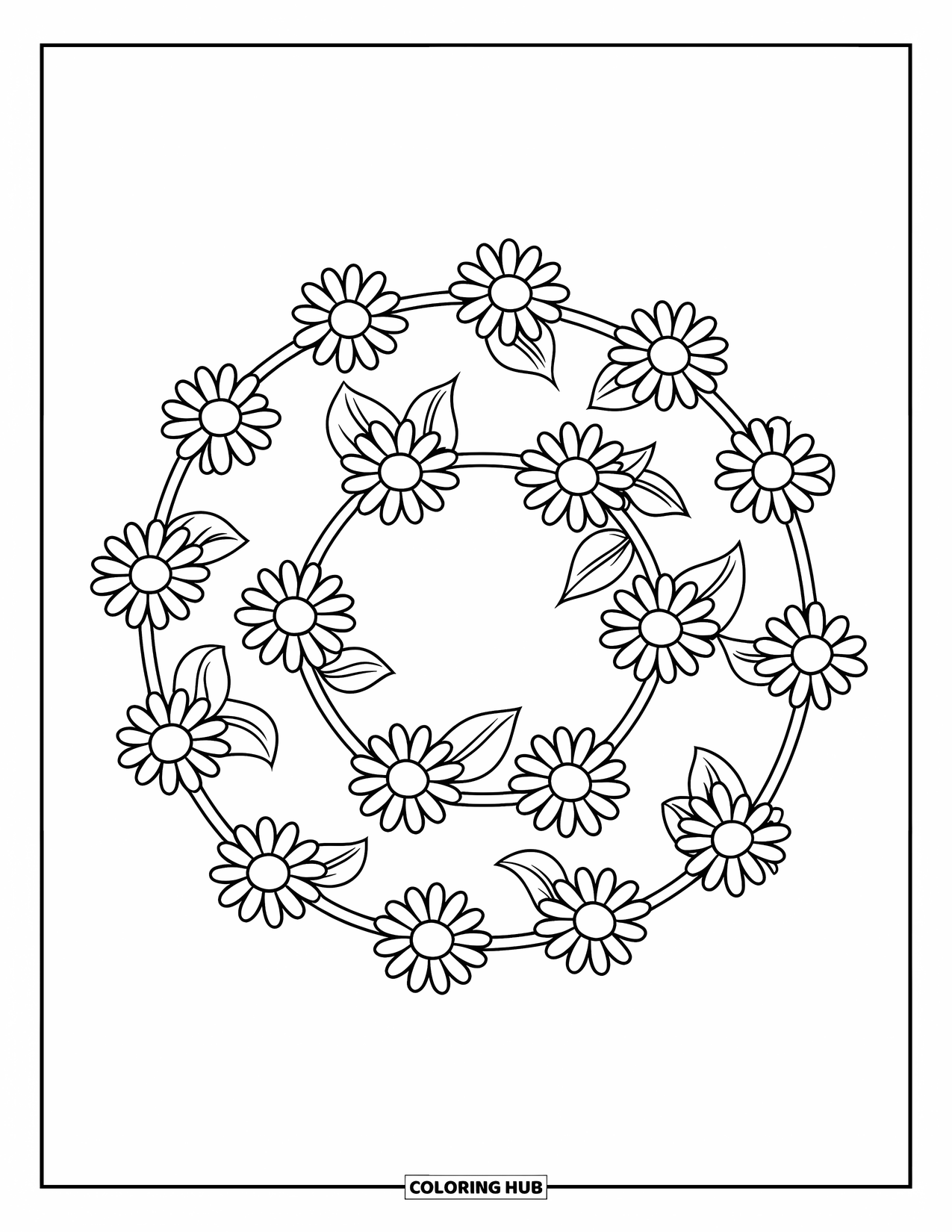Blumen Ausmalbild für Kinder: Eine Gänseblümchenkette bildet einen perfekten Kreis, mit winzigen Blättern, die durch die Lücken lugen