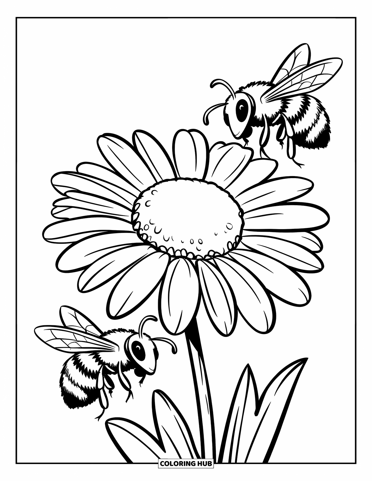 Blumen Ausmalbild für Kinder: Ein Gänseblümchen mit einem runden Zentrum und dicken Blütenblättern, umgeben von zwei summenden Bienen