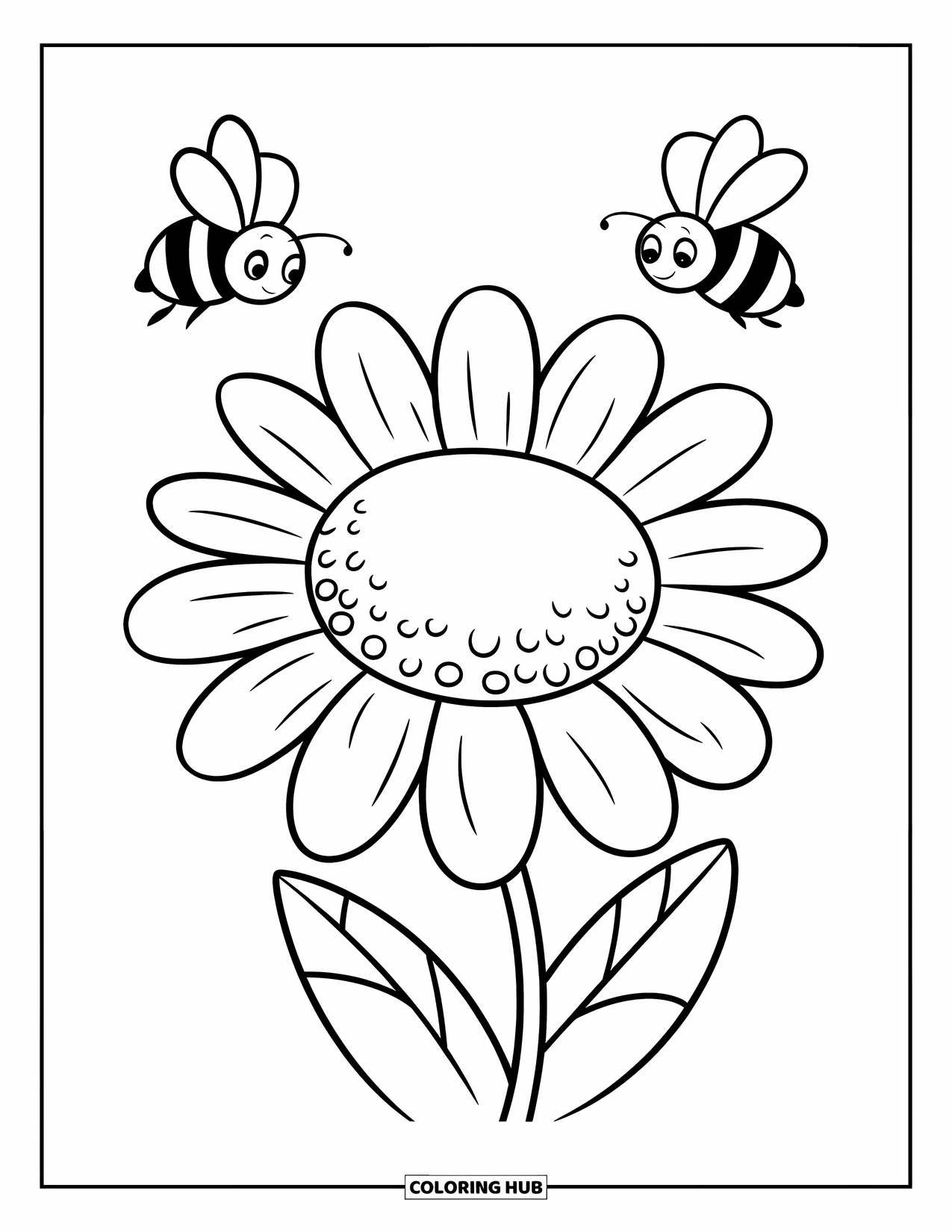 Blumen Ausmalbild für Kinder: Ein Gänseblümchen mit geschichteten Blütenblättern und zwei verspielten Bienen, die darum herumfliegen