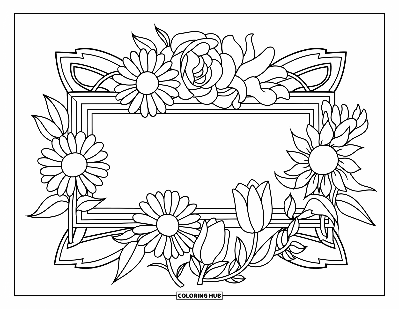 Blumen Ausmalbild für Kinder: Ein dekorativer Blumenrahmen mit Rosen, Gänseblümchen, Sonnenblumen und Tulpen, die eine wunderschöne Bordüre bilden