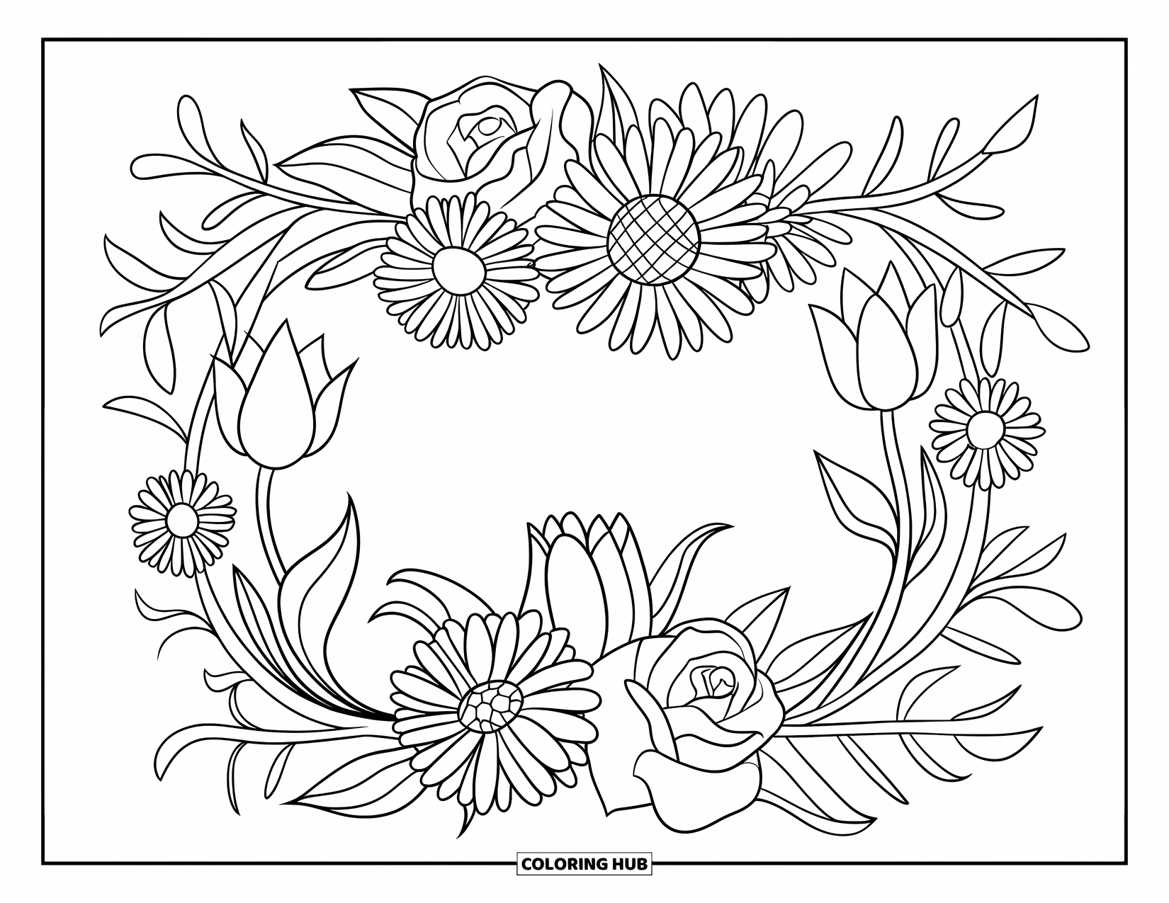 Blumen Ausmalbild für Kinder: Ein dekorativer Blumenrahmen mit Rosen, Gänseblümchen, Tulpen und Lilien, die eine florale Bordüre bilden