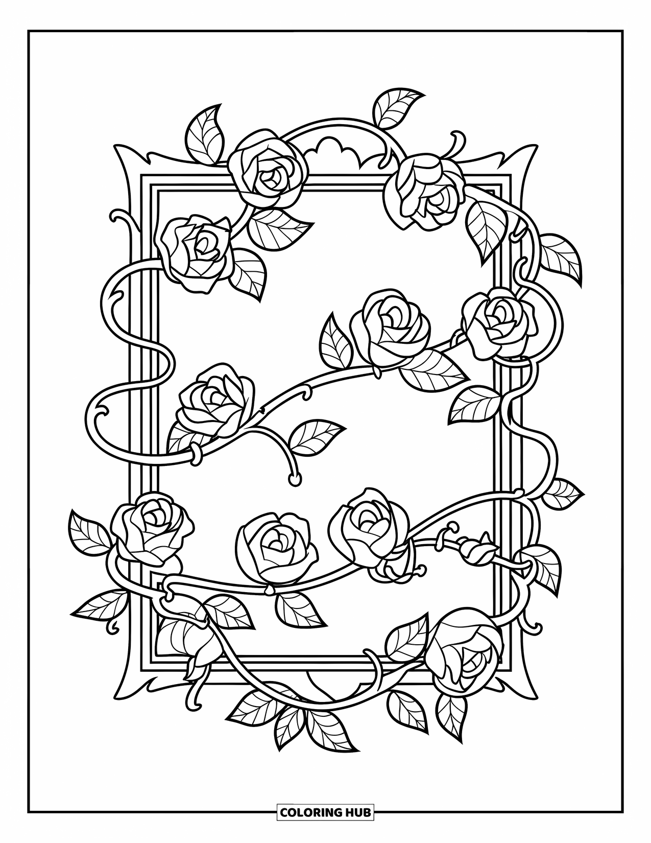 Blumen Ausmalbild für Kinder: Ein dekorativer Rahmen, der mit einer Kletterrosenranke verwoben ist, geschmückt mit Blättern und winzigen Blütenknospen