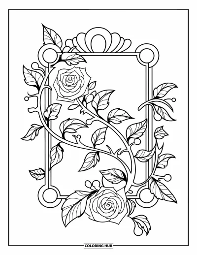 Desenho de flores para colorir para crianças: Uma moldura decorativa com trepadeira de rosas sinuosa, com detalhes expressivos e linhas curvas graciosas