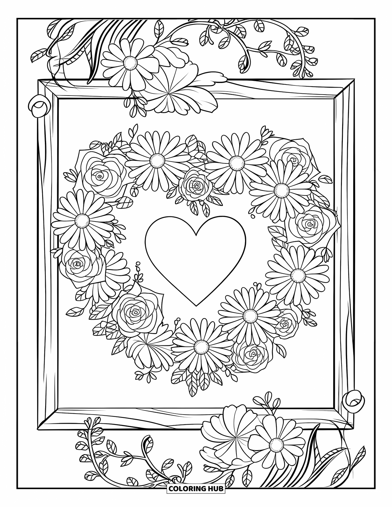 Blumen Ausmalbild für Kinder: Ein zarter Blumenkranz aus Gänseblümchen und Rosen, der in einem Holzrahmen mit einem Herzausschnitt angeordnet ist