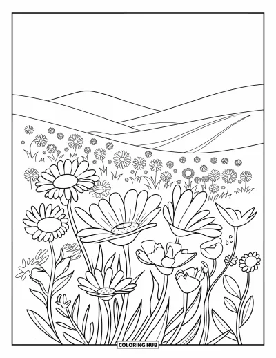 Desenho de flores para colorir para crianças: Um campo de flores silvestres balança com a brisa, com colinas e céu limpo ao fundo