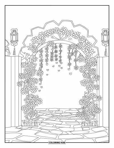 Desenho de flores para colorir para crianças: Um arco floral com pétalas em cascata em um pátio, com caminho de pedras e lanternas