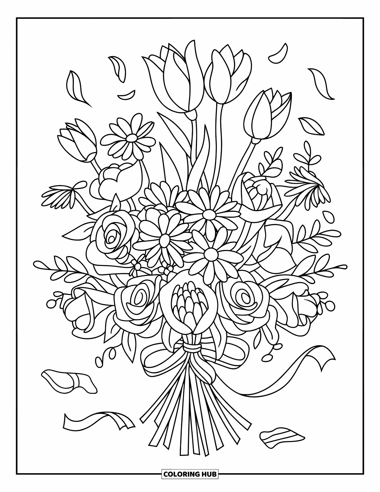 Blumen Ausmalbild für Kinder: Ein Blumenstrauß mit Rosen, Gänseblümchen, Lilien und Tulpen, umwickelt mit einem Band mit fallenden Blütenblättern