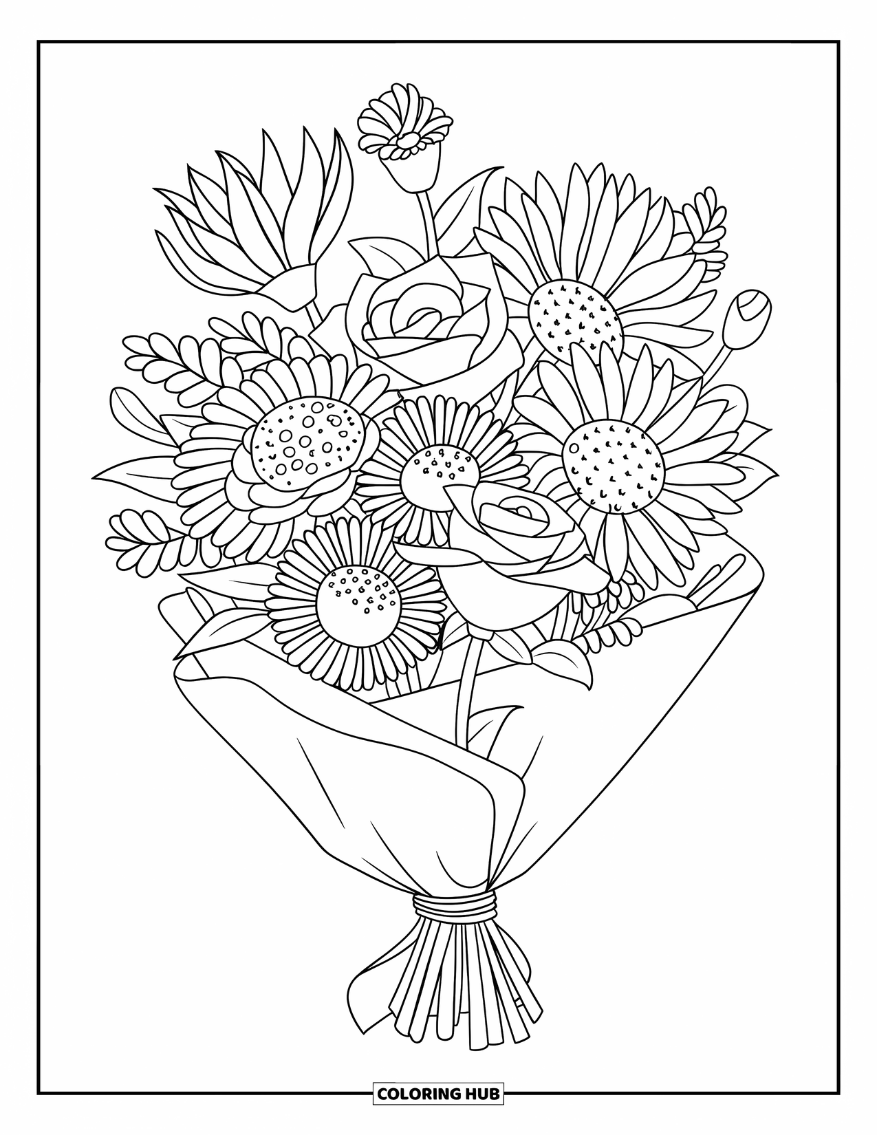 Blumen Ausmalbild für Kinder: Ein Blumenstrauß mit Rosen, Sonnenblumen und Lilien, der in Papier eingewickelt und mit einer Schnur gesichert ist