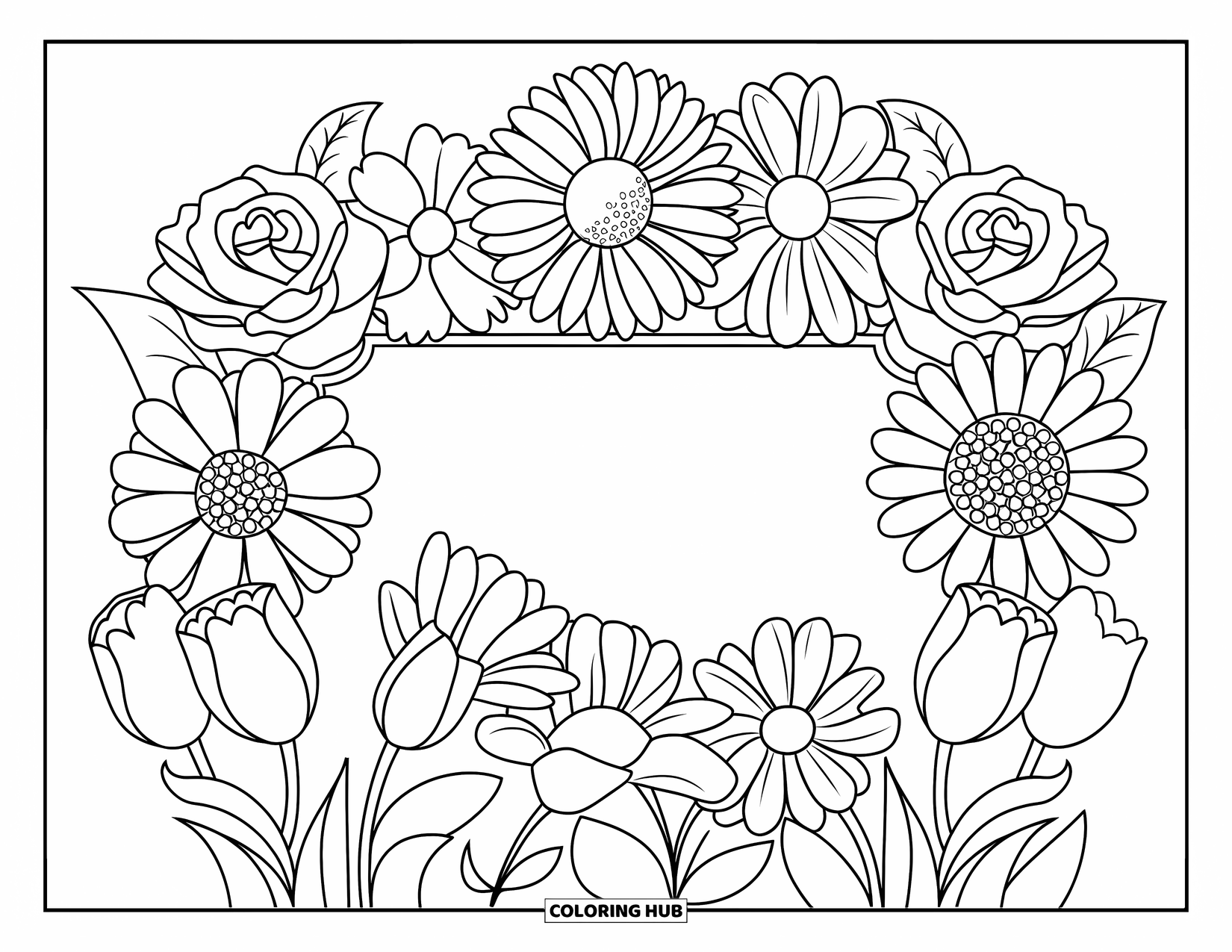 Blumen Ausmalbild für Kinder: Ein Blumenrahmen mit Rosen, Gänseblümchen, Sonnenblumen und Tulpen, die ein leeres Zentrum umgeben