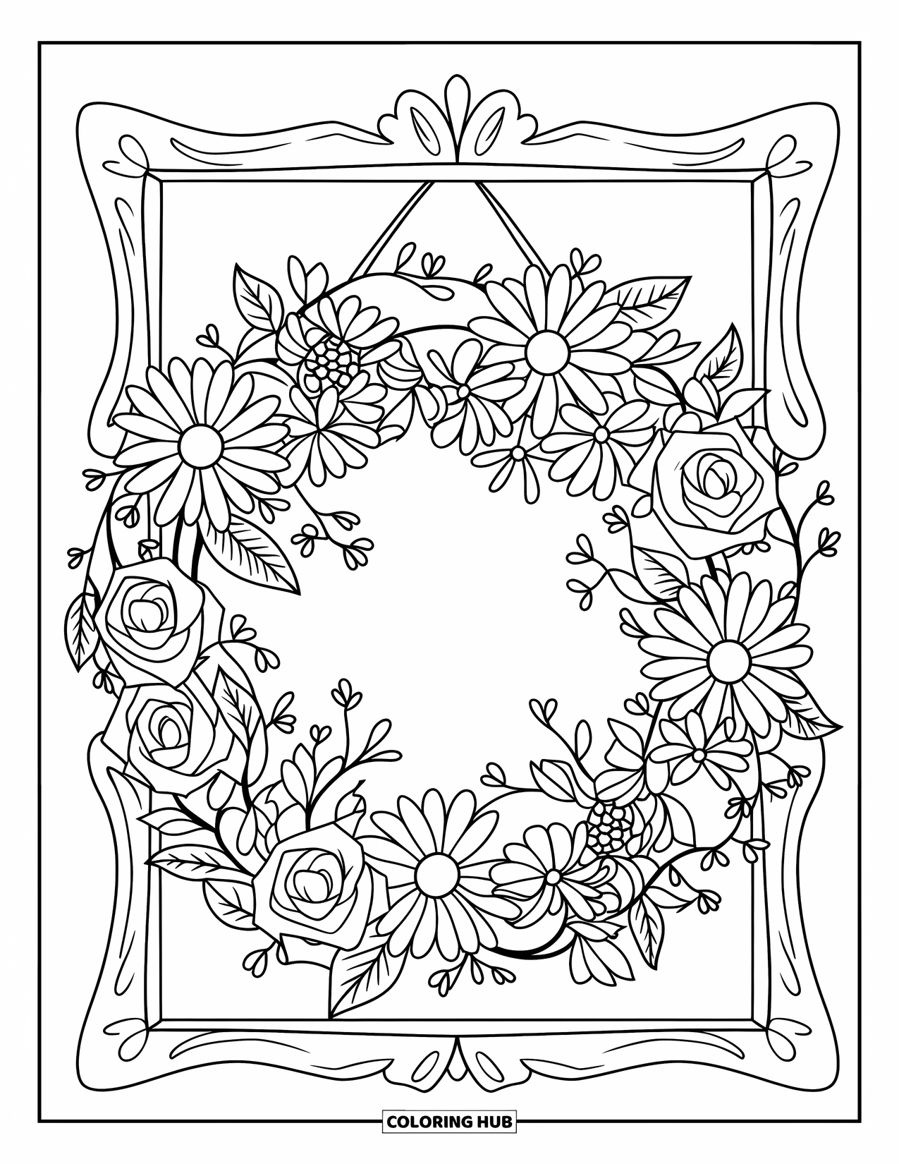 Blumen Ausmalbild für Kinder: Ein Blumenkranz aus Gänseblümchen und Rosen, der an einem Holzrahmen hängt, mit verwobenen Blättern