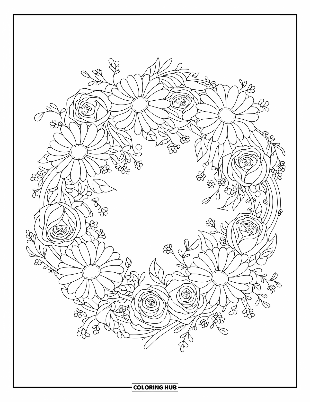 Blumen Ausmalbild für Kinder: Ein Blumenkranz aus Gänseblümchen, Rosen und winzigen, wirbelnden Ranken, elegant gerahmt