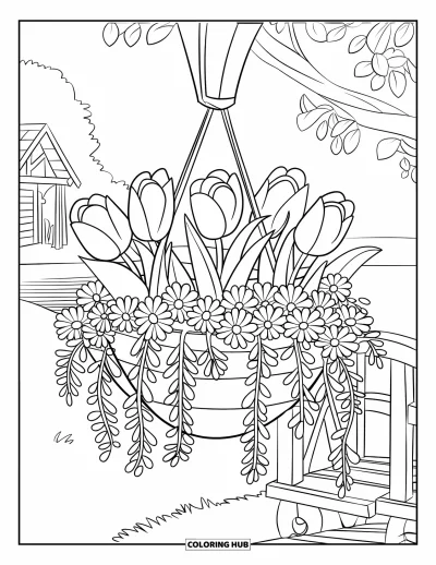 Desenho de flores para colorir para crianças: Um cesto de flores pendurado em um poste de madeira, com chalé, ponte e lago ao fundo