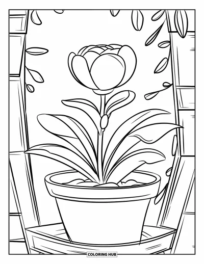 Desenho de flores para colorir para crianças: Uma planta florida em vaso com padrão, colocada sobre um suporte de madeira