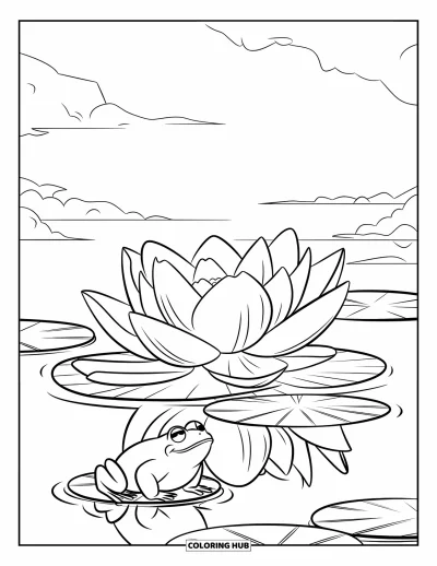 Desenho de flores para colorir para crianças: Um sapo empoleirado em uma folha de vitória-régia perto de uma flor de lótus totalmente aberta