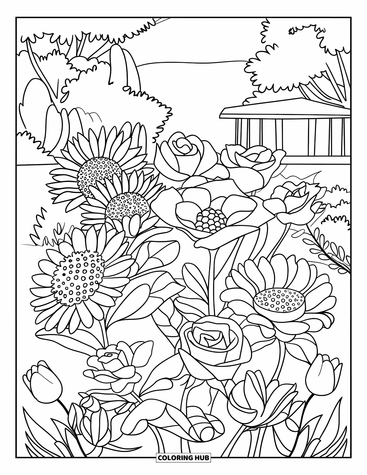 Blumen Ausmalbild für Kinder: Ein Garten voller blühender Rosen, Sonnenblumen, Gänseblümchen und Tulpen, mit Bäumen und einem kleinen Gebäude in der Nähe