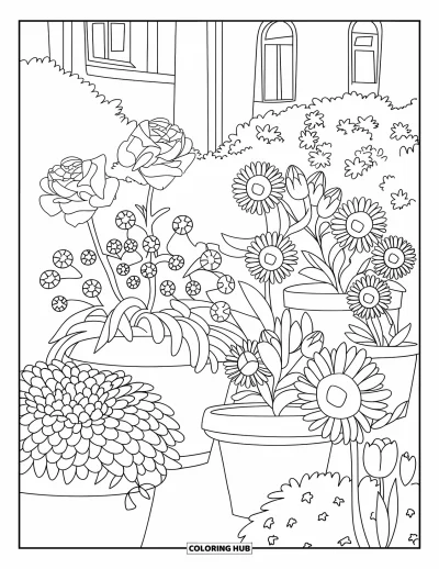 Desenho de flores para colorir para crianças: Um jardim cheio de rosas, margaridas, girassóis e tulipas em vasos, com caminhos sinuosos entre eles