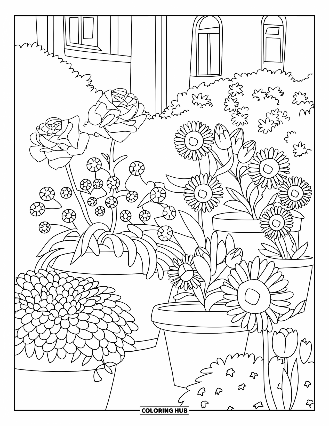 Blumen Ausmalbild für Kinder: Ein Garten voller Rosen, Gänseblümchen, Sonnenblumen und Tulpen in Töpfen, mit gewundenen Pfaden dazwischen