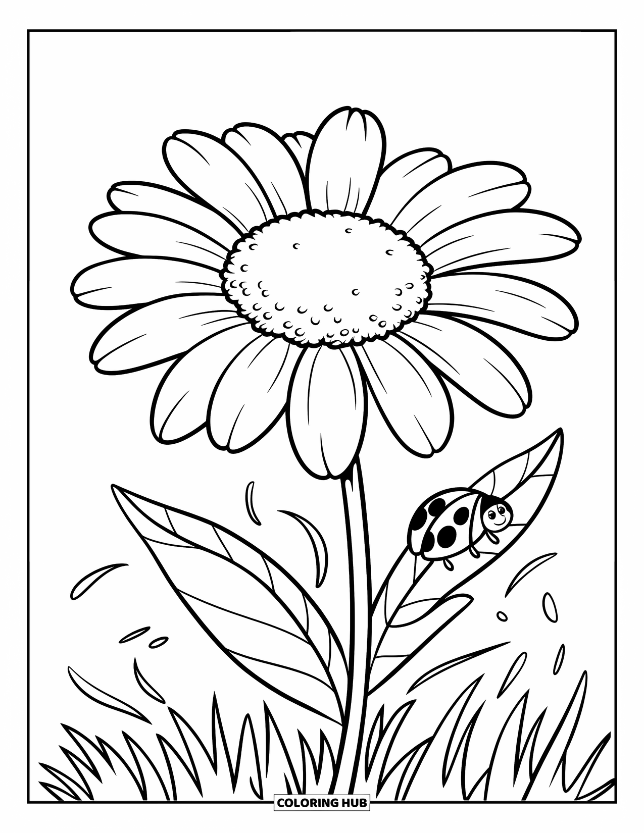 Blumen Ausmalbild für Kinder: Ein riesiges Gänseblümchen mit dicken Blütenblättern und einem winzigen Marienkäfer, der auf einem seiner Blätter krabbelt