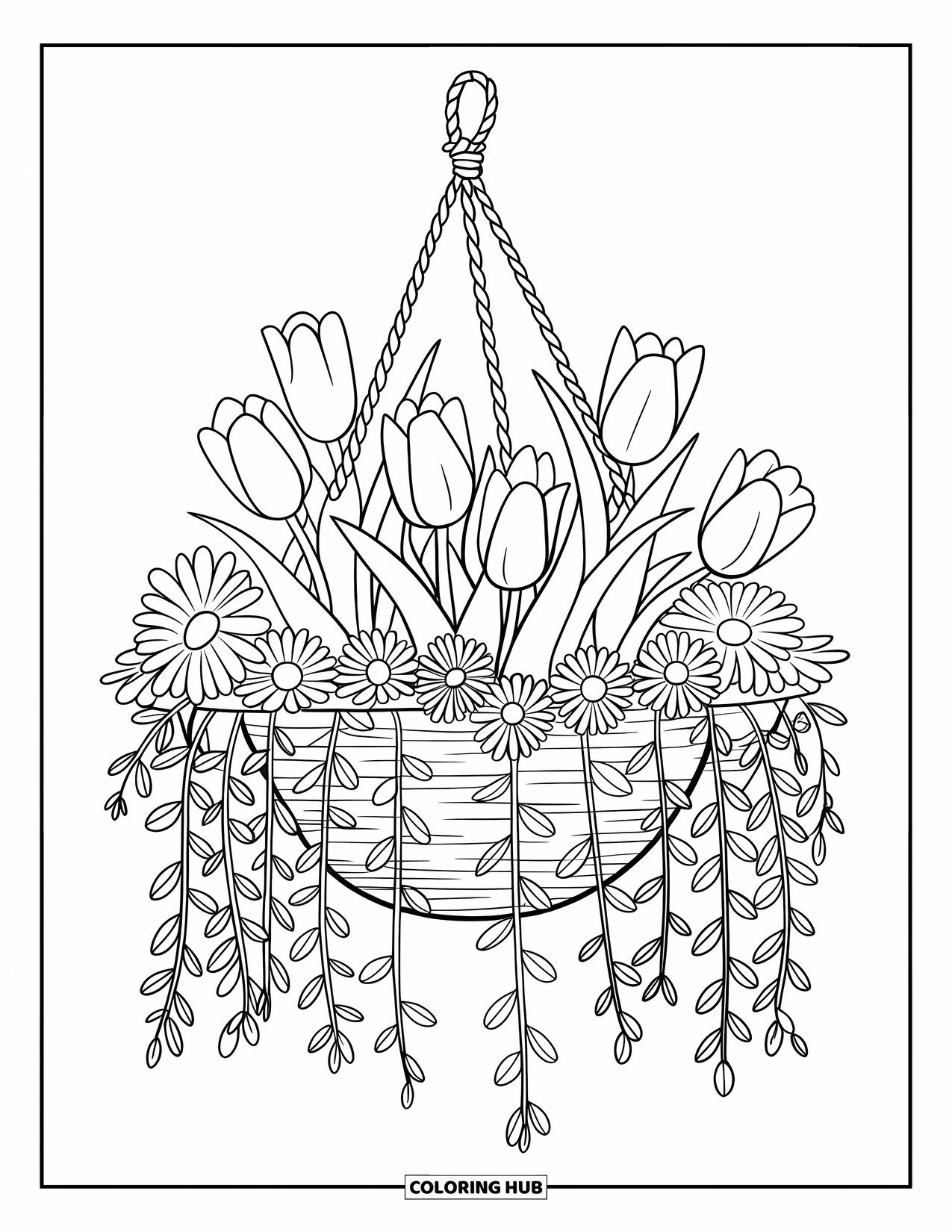 Blumen Ausmalbild für Kinder: Ein hängender Blumenkorb, gefüllt mit Tulpen, Gänseblümchen und kleinen Blättern, die über die Seiten hängen