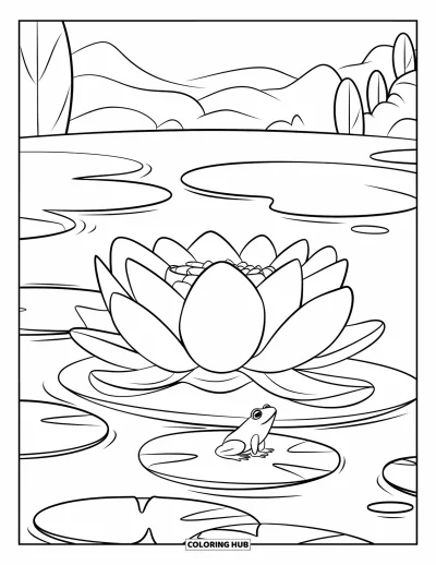 Desenho de flores para colorir para crianças: Uma flor de lótus flutuando na água, com um sapo sentado perto em uma folha de vitória-régia
