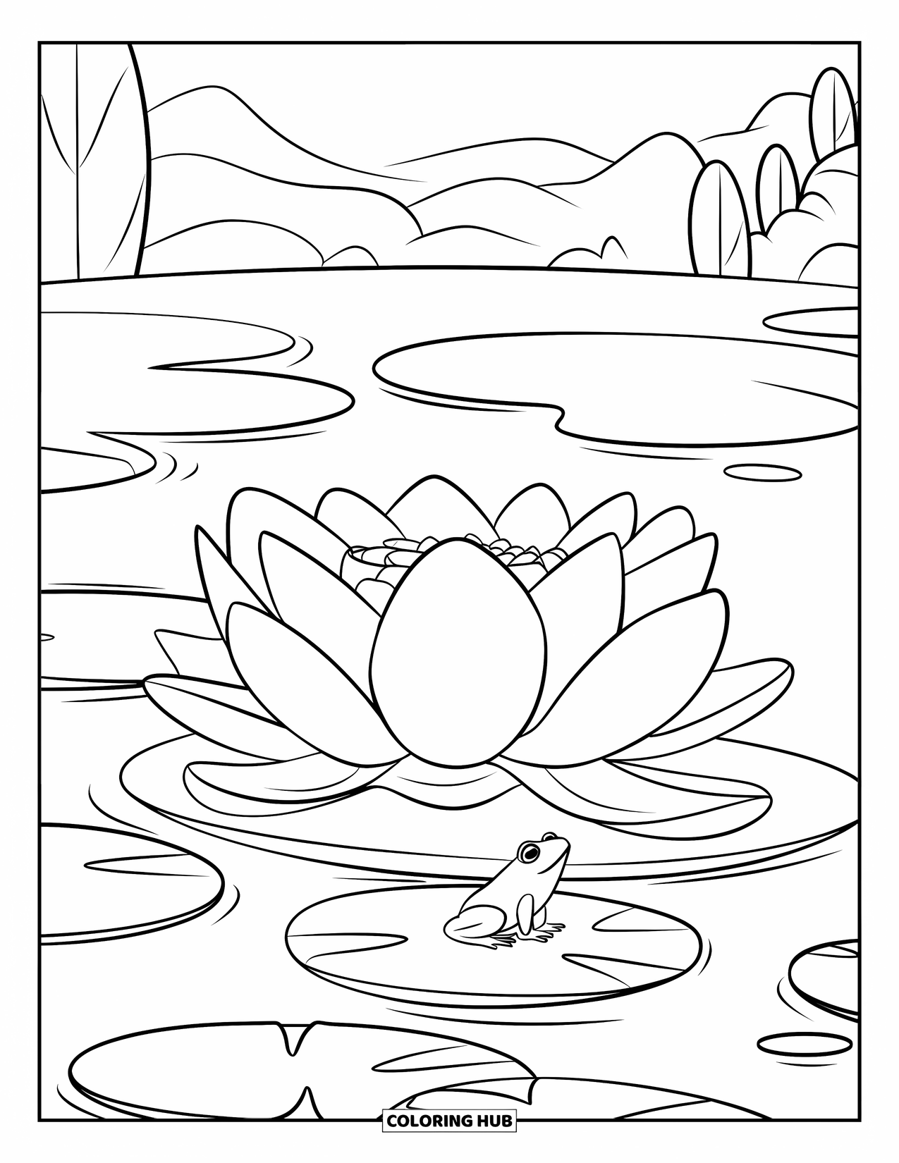 Blumen Ausmalbild für Kinder: Eine Lotusblume, die auf dem Wasser schwimmt, mit einem Frosch, der in der Nähe auf einem Seerosenblatt sitzt
