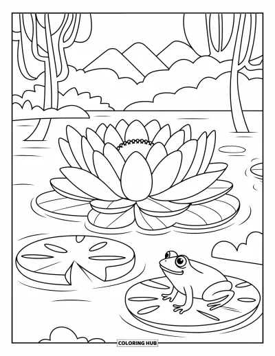 Desenho de flores para colorir para crianças: Uma flor de lótus com pétalas largas flutuando suavemente em águas calmas